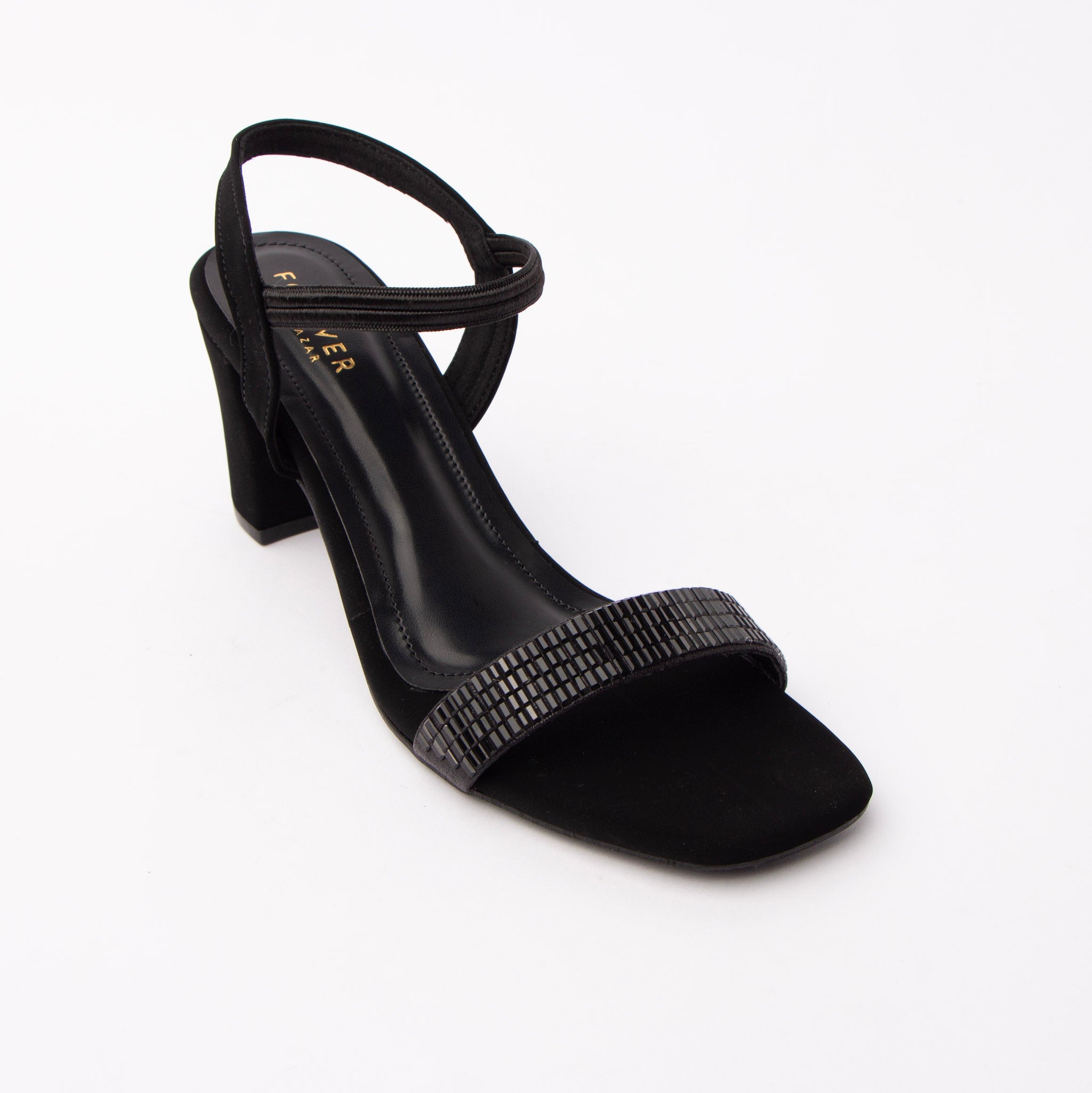 Black embellished block heel sandals styled for party wear