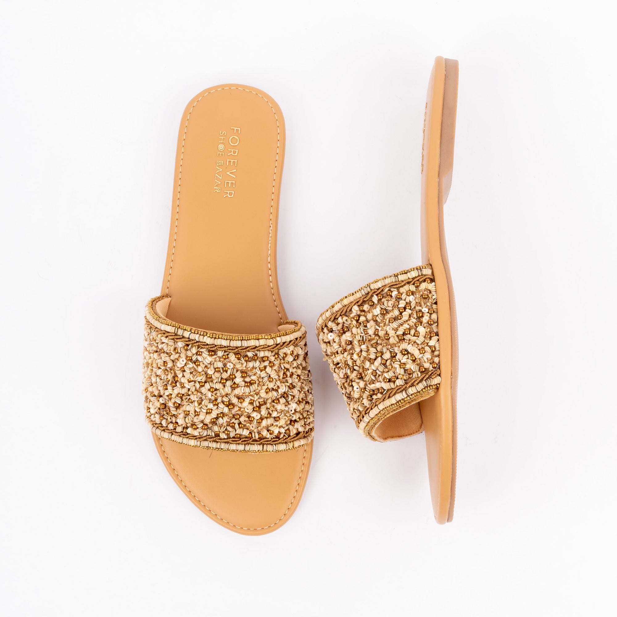 Antic flat slides for women, a single band worked edge to edge in seed and bugle beads