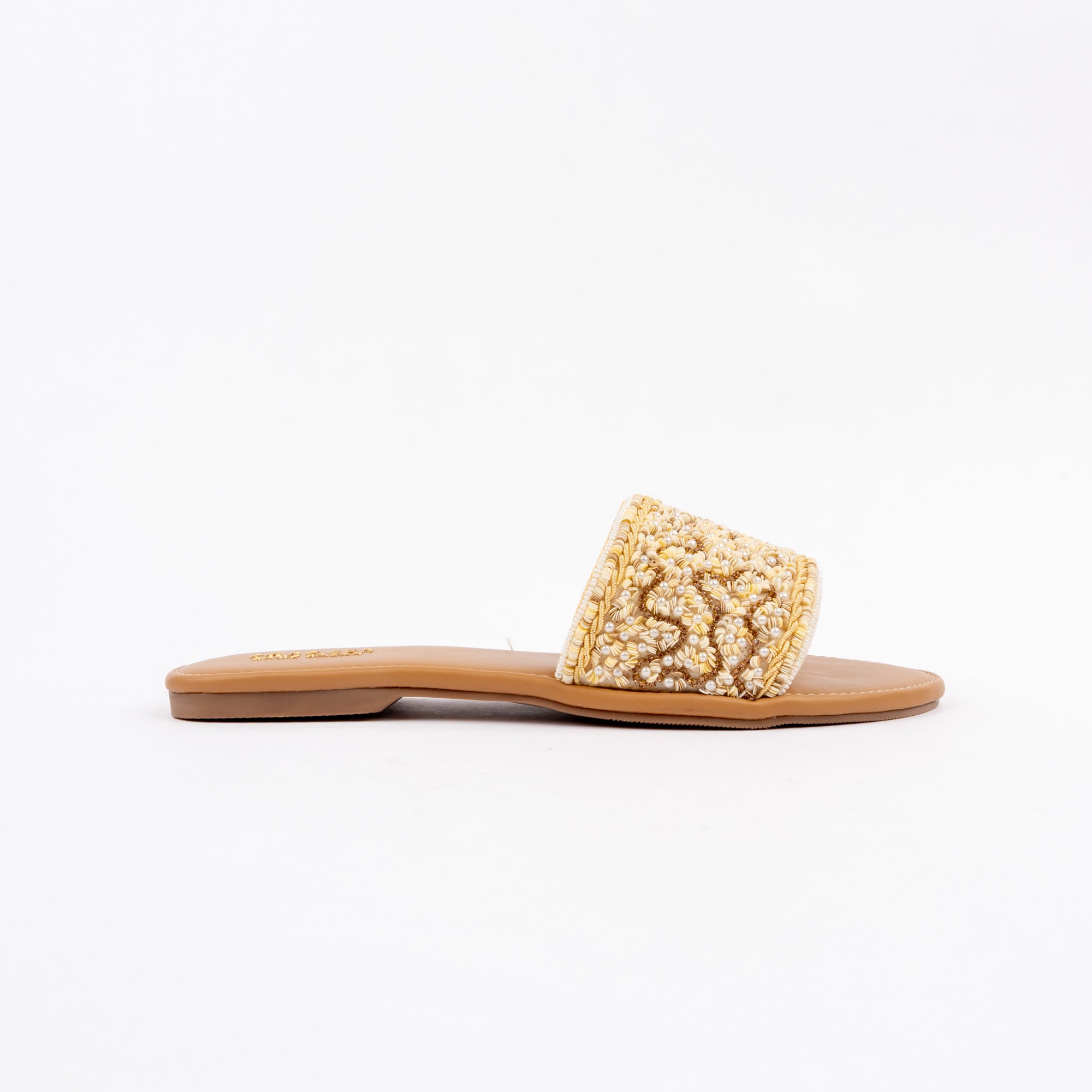 Gold flat slides for women, a single band worked edge to edge in seed and bugle beads