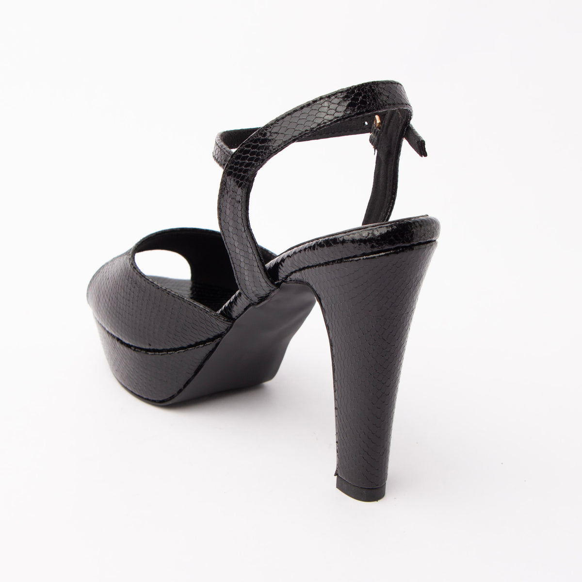 Black peep toe platform heels for women with cushioned footbed, side view