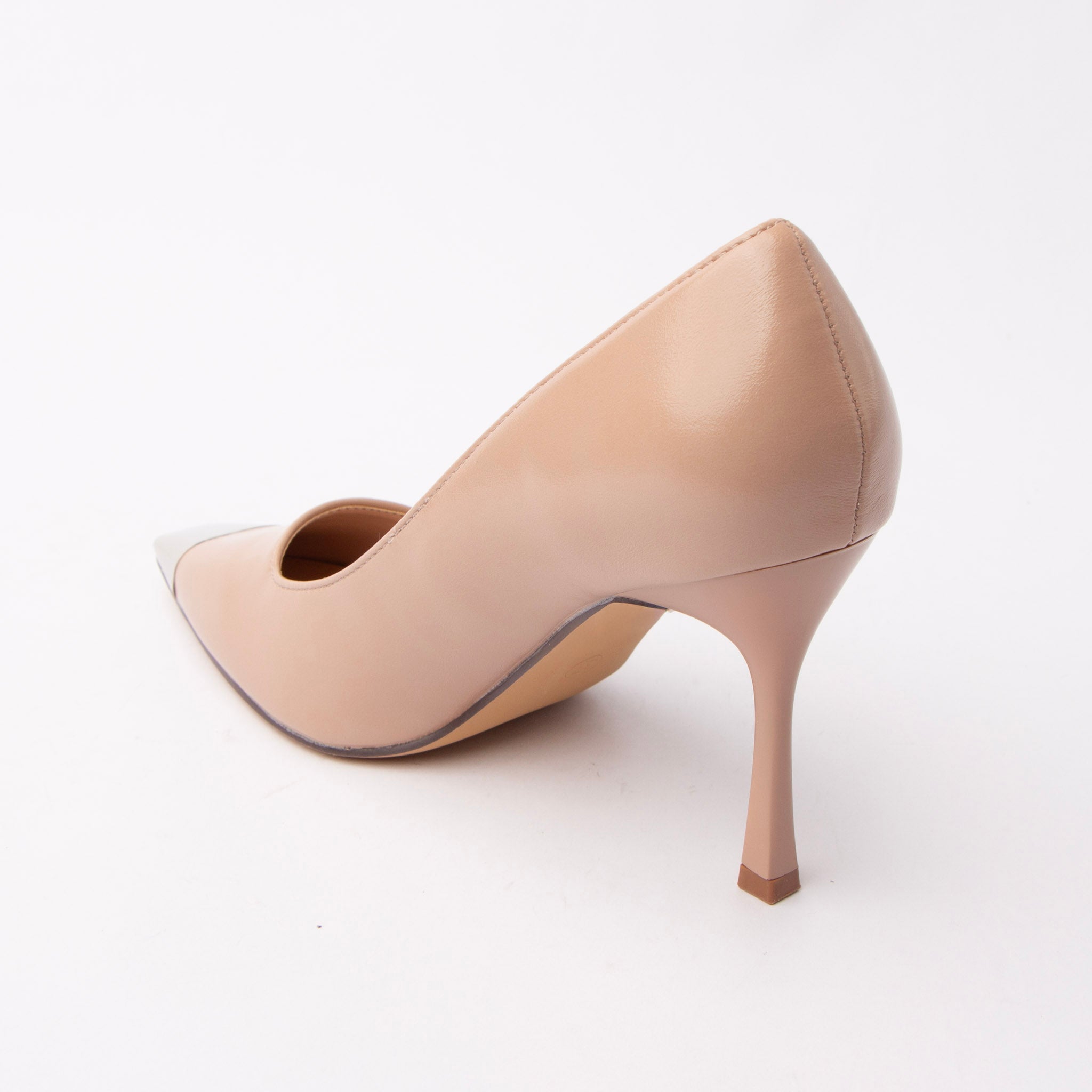 Nude metal toe cap stilettos for women with cushioned footbed, side view