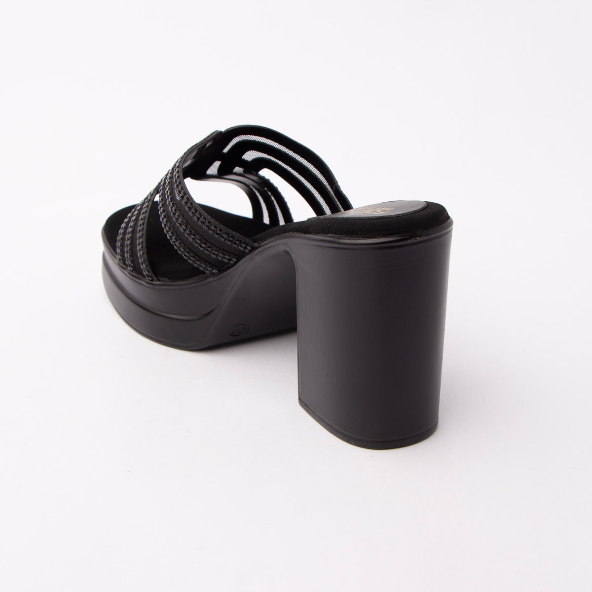 Black beaded platform mules for women with cushioned footbed, side view