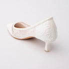 Beige embroidered mesh pumps for women with cushioned footbed, side view