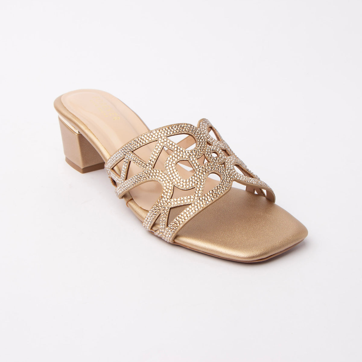 Gold cut out block heel mules styled for party wear