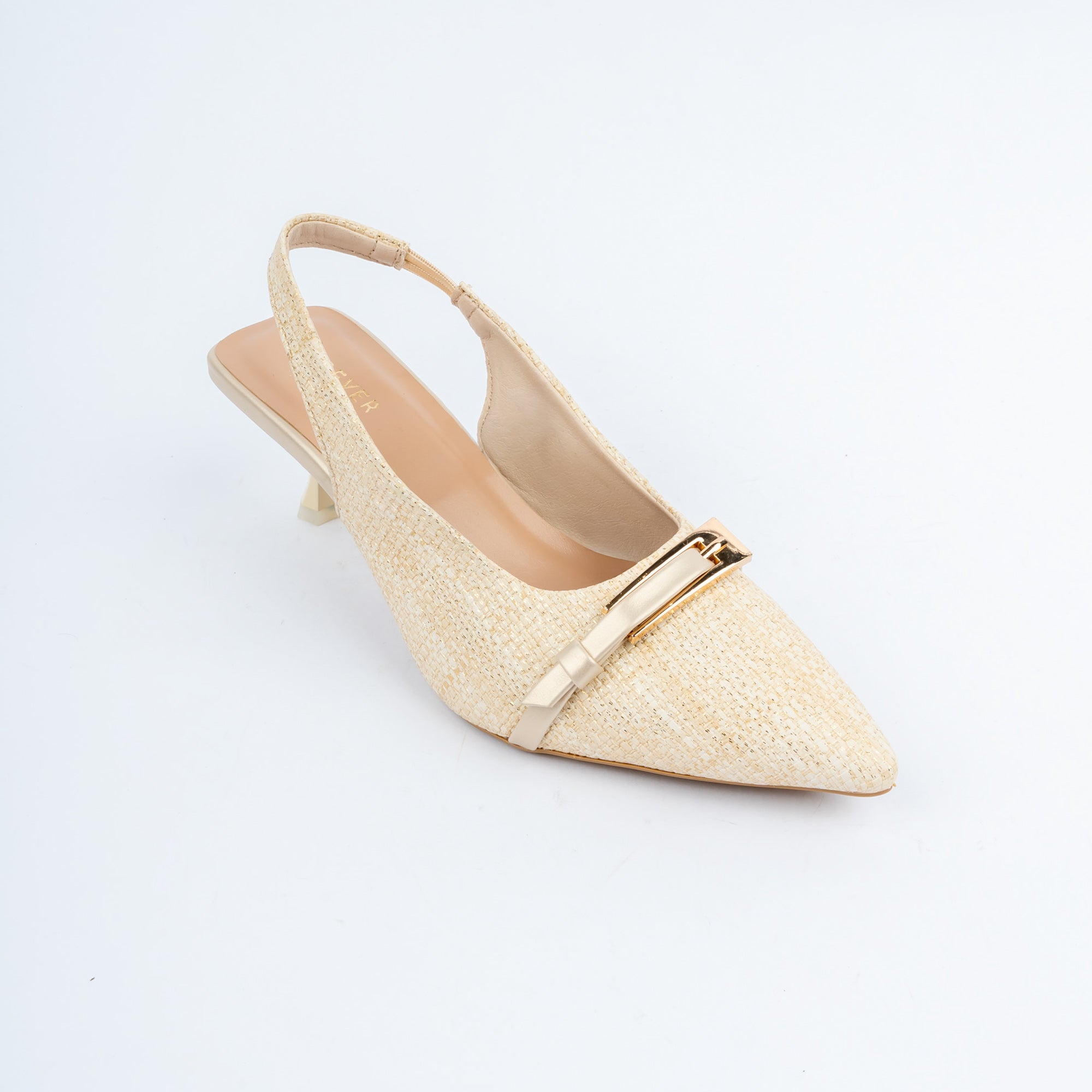 Beige pumps for women with cushioned footbed, side view
