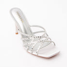 Silver mules for women, three-quarter view