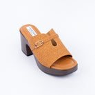 Camel platform heel mules for women with cushioned footbed, side view