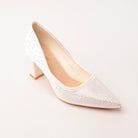 White rhinestone block heel pumps styled for party wear