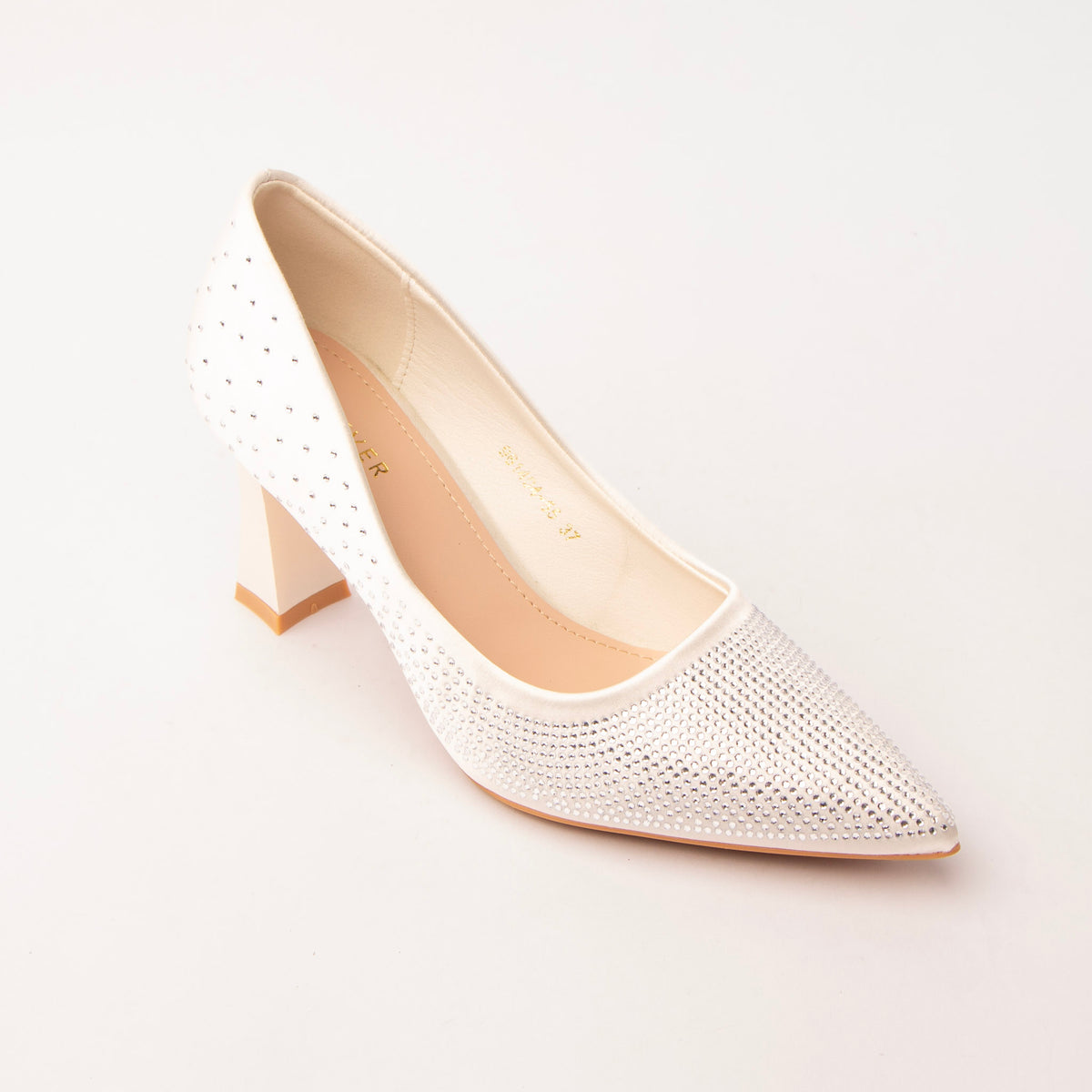 White rhinestone block heel pumps styled for party wear