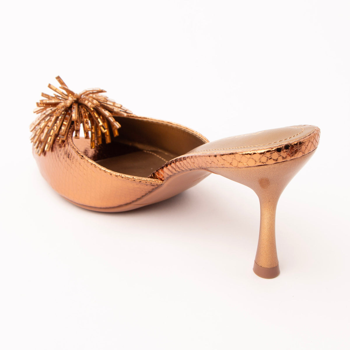 Brown mules for women, back view showing the heel