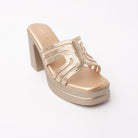 Gold beaded platform mules styled for party wear
