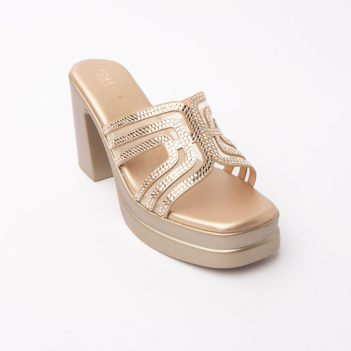 Gold beaded platform mules styled for party wear