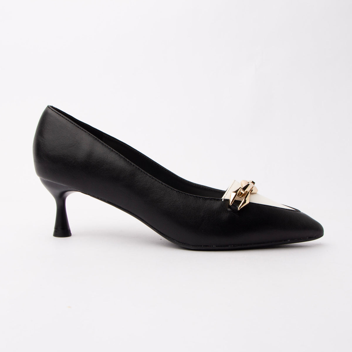 Black chain link pumps styled for casual wear