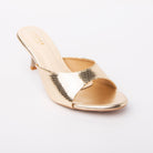 Gold snake print kitten heel mules styled for casual wear