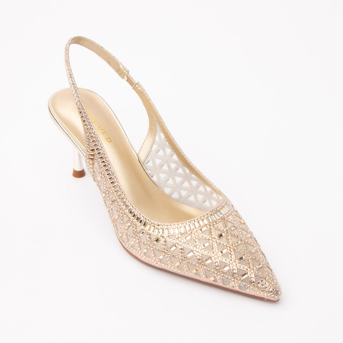 Gold pumps for women, three-quarter view