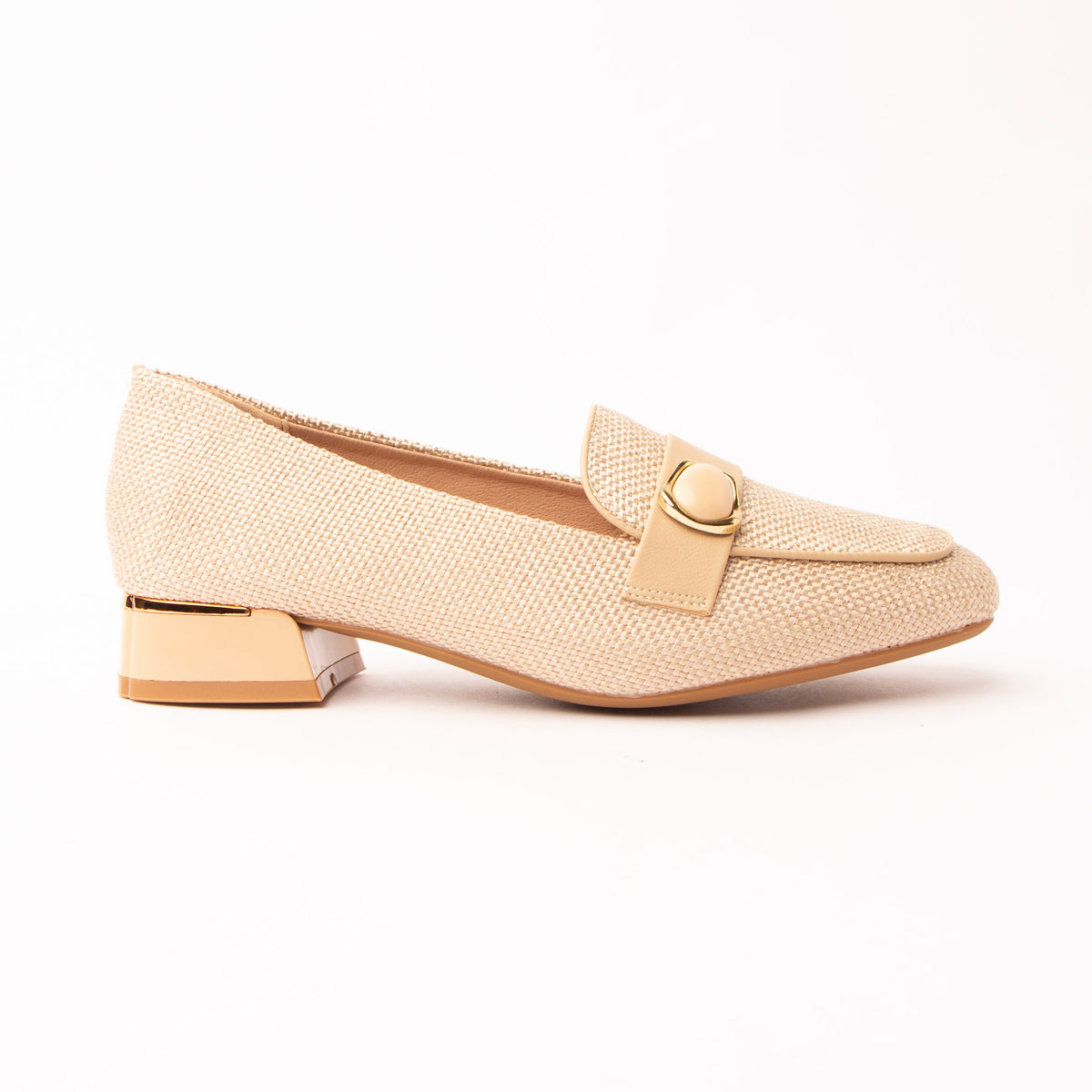 Beige woven loafers for women, a fine ecru basketweave upper worked cream on cream so the texture carries it, with a tonal sand leather vamp strap holding a beige cabochon in a gold bezel and a low block heel collared in gold