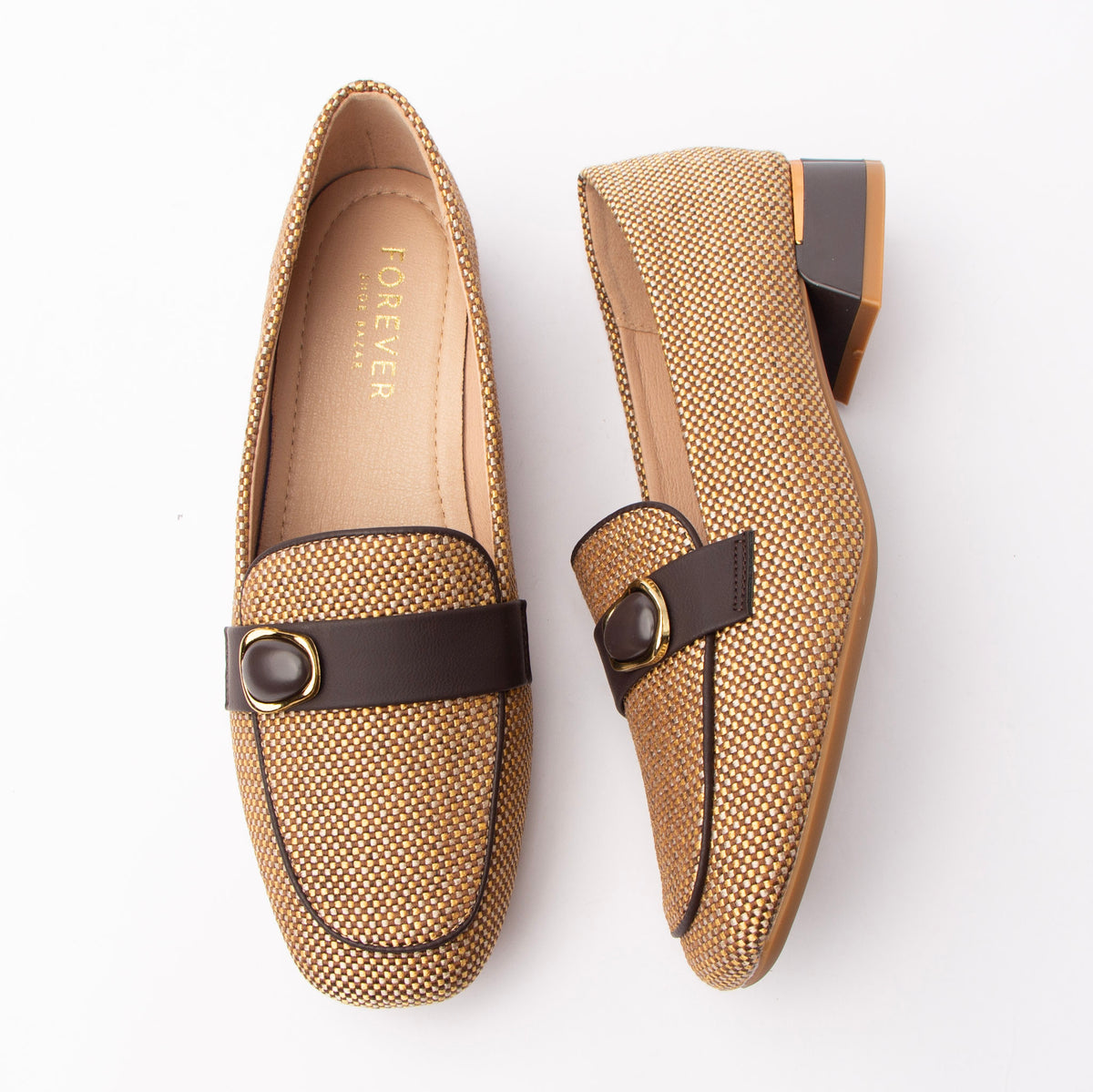 Brown woven loafers for women with a cushioned footbed