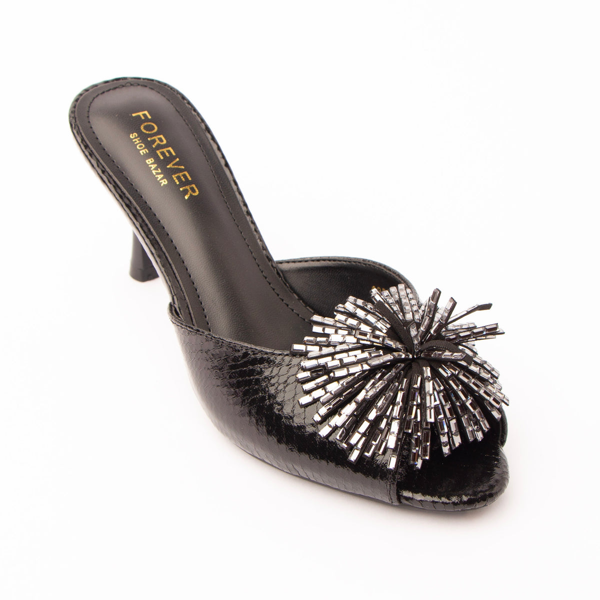 Black mules for women, three-quarter view