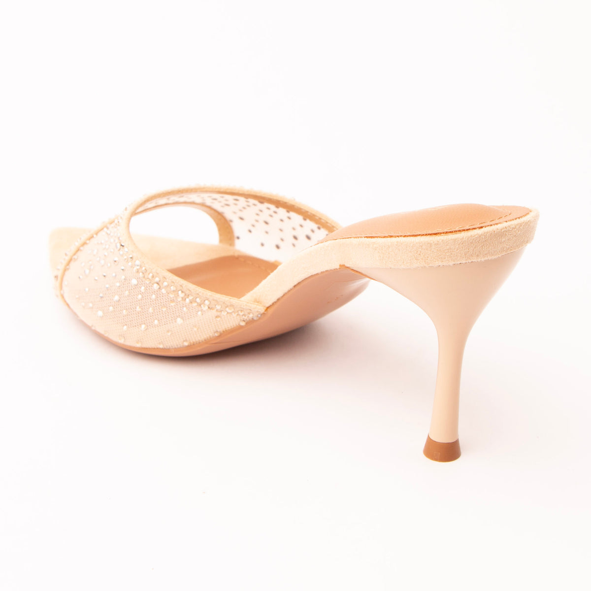 Beige mules for women, back view showing the heel