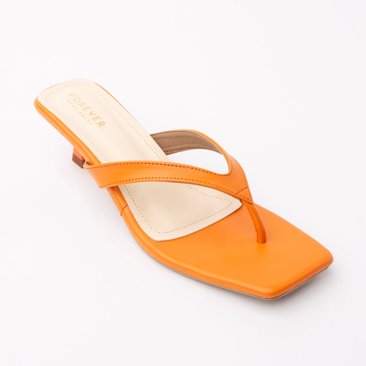 Orange toe-post kitten heel mules for women, three-quarter view