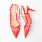 Red pumps for women, both shoes laid flat