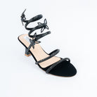 Black block heel sandals for women with cushioned footbed, side view