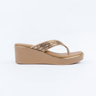 Beige platform heel sandals for women with cushioned footbed, side view