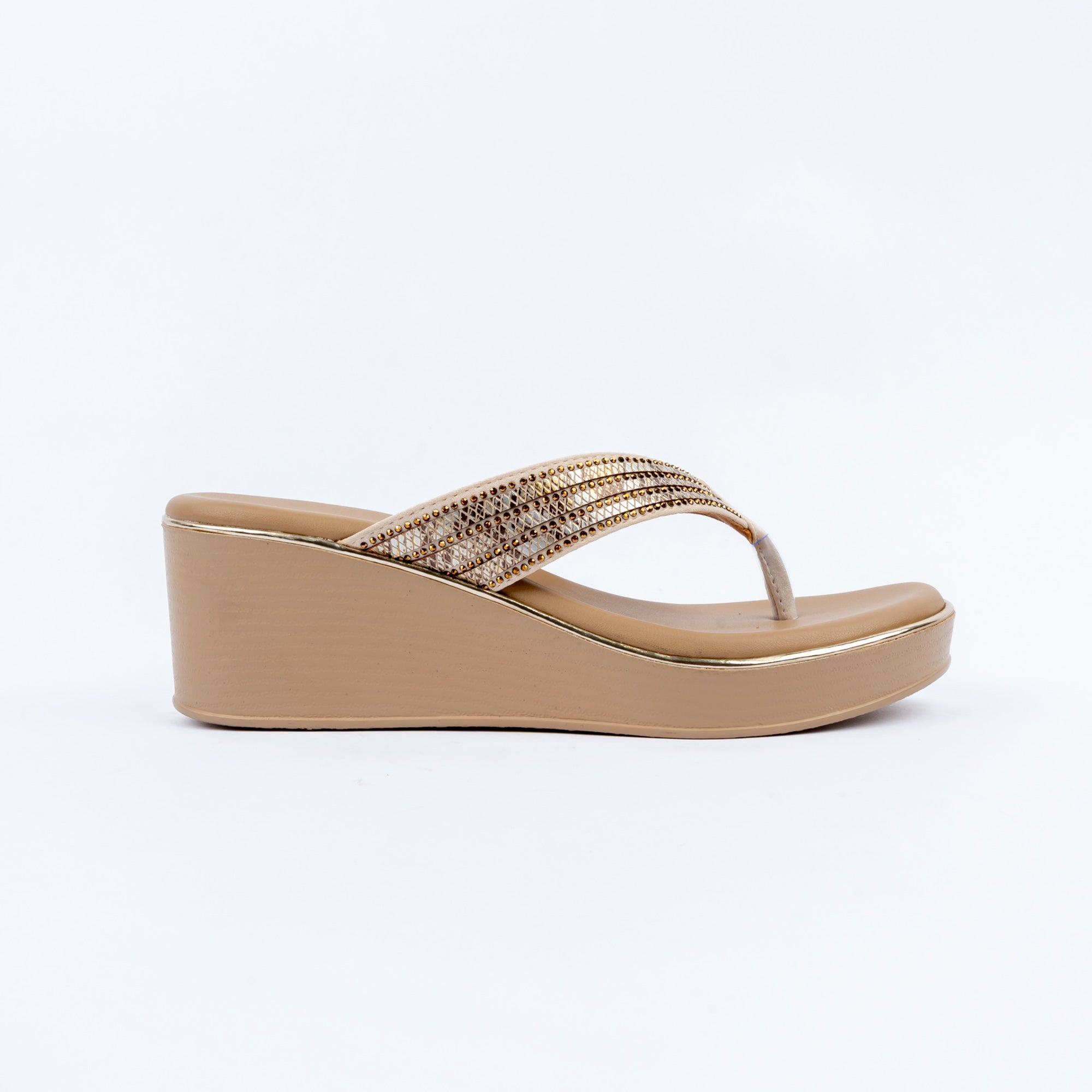 Beige platform heel sandals for women with cushioned footbed, side view