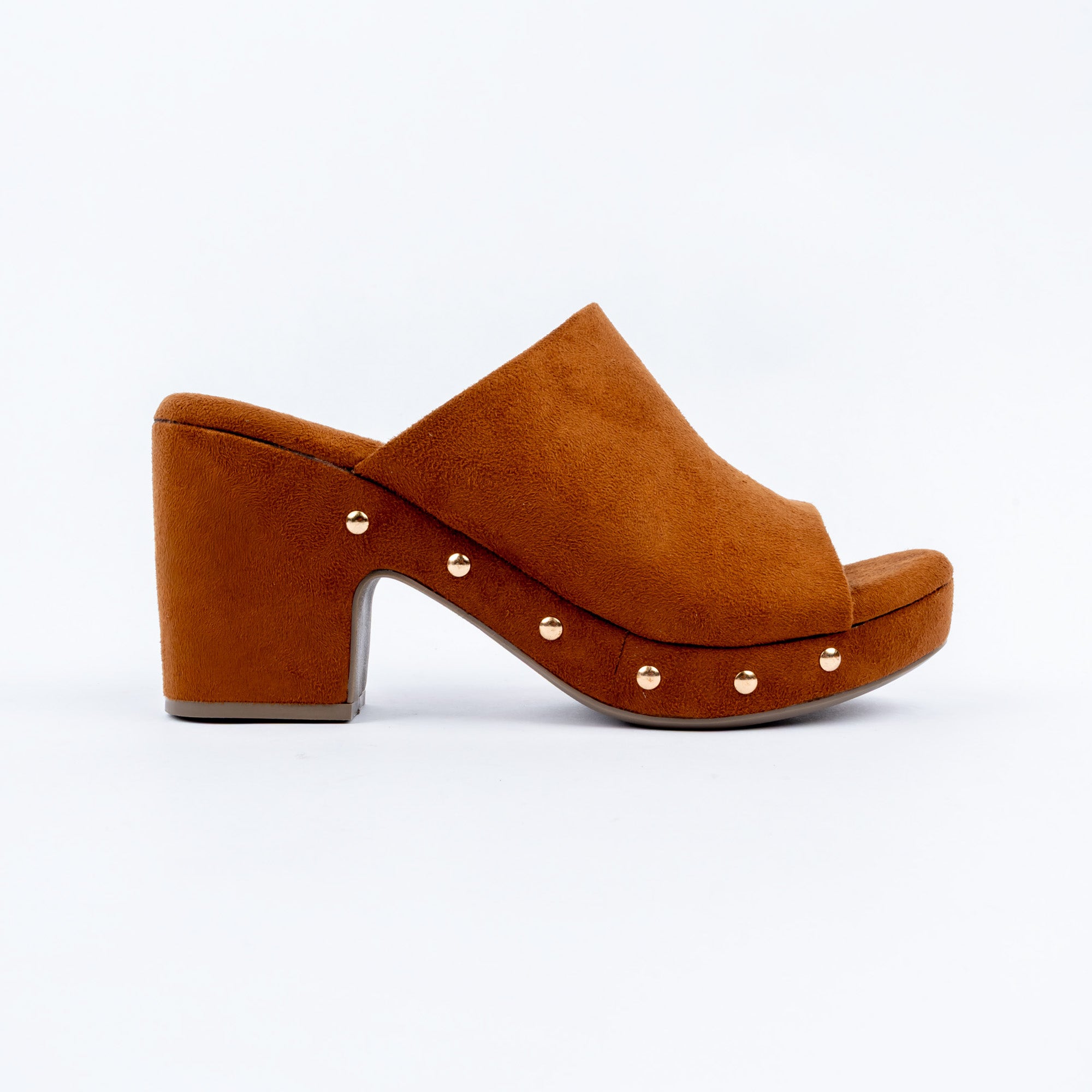 Tan platform heel mules for women with cushioned footbed, side view