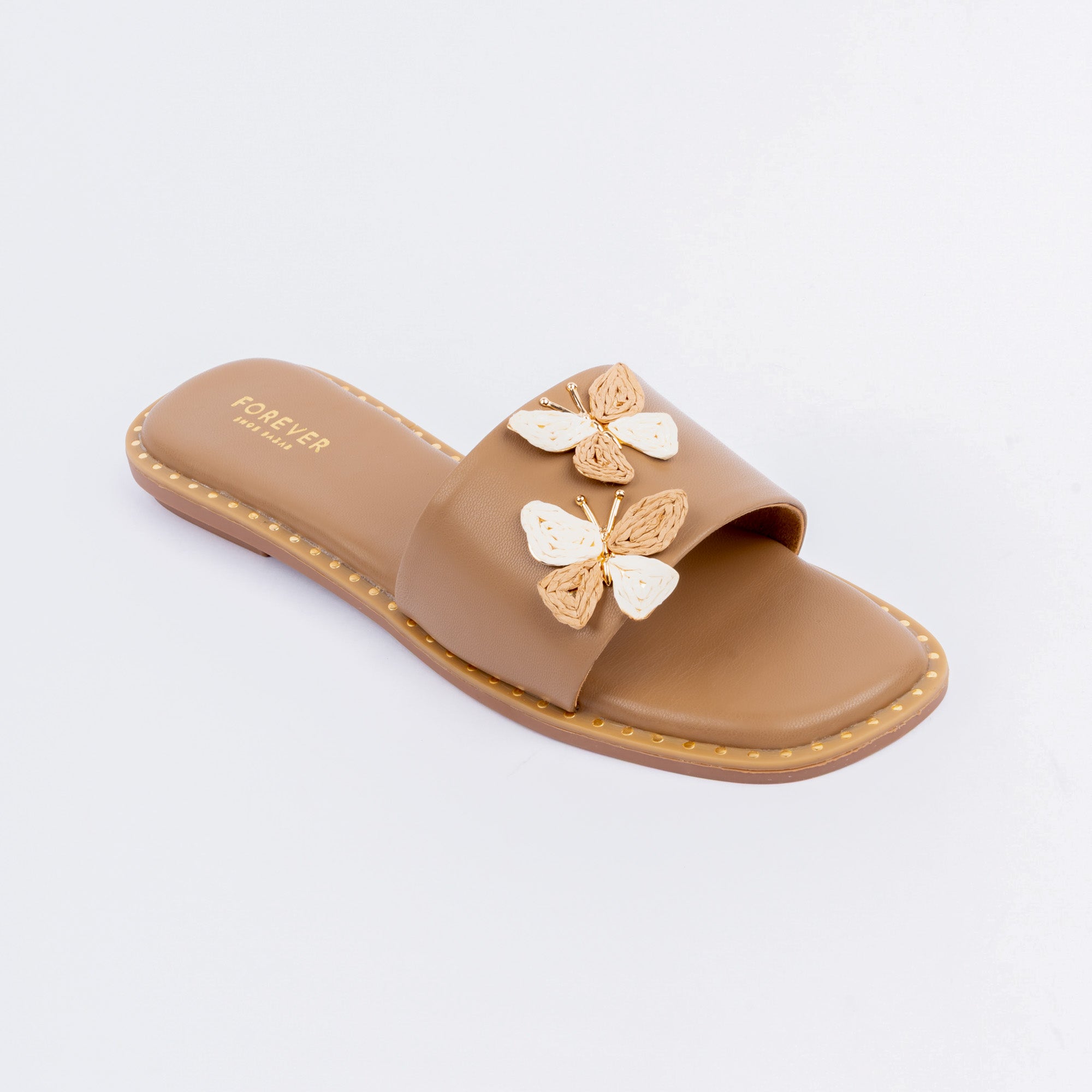 Khaki butterfly ballet flats for women, 3d butterfly appliqué detailing