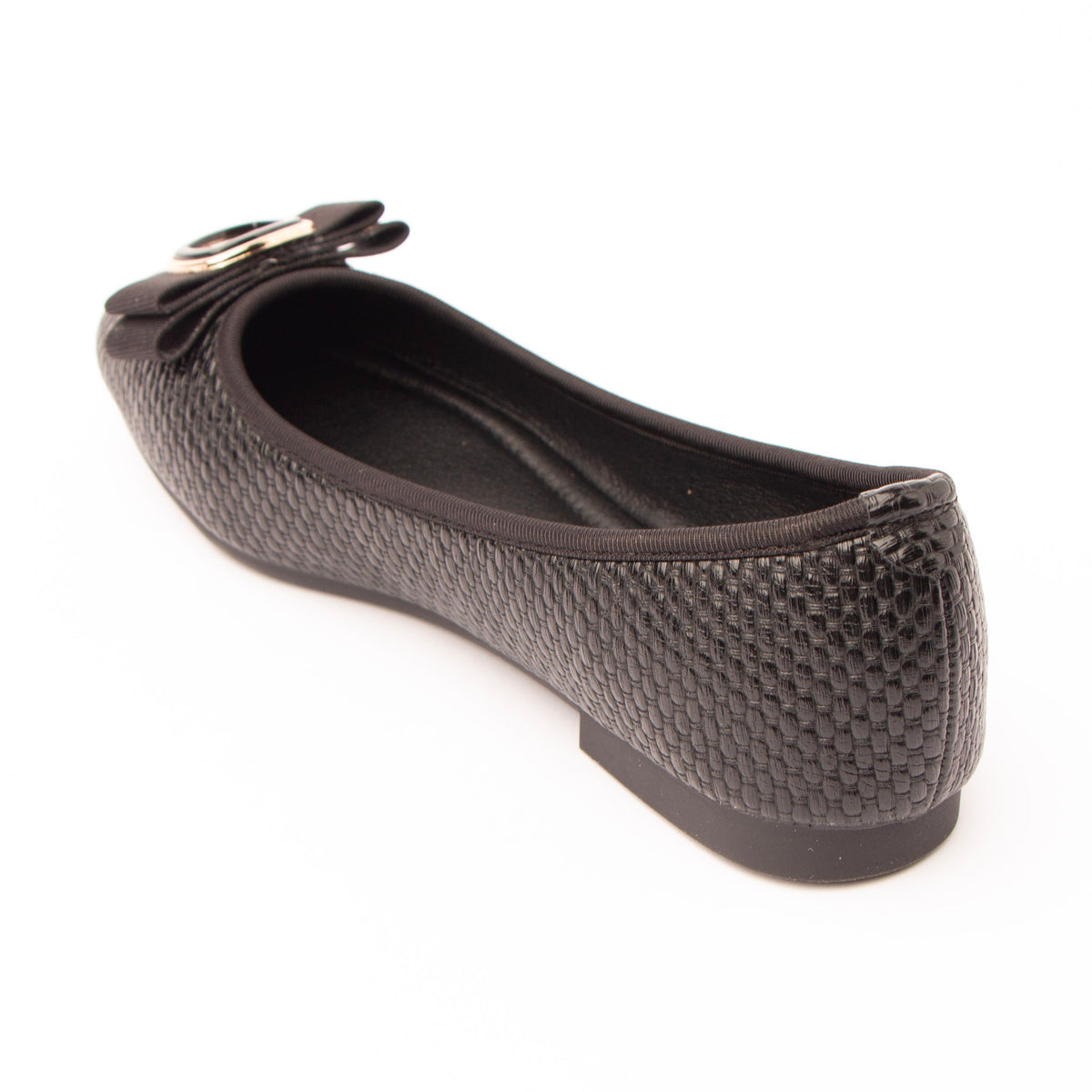 Black woven ballerina flats for women, back view showing the heel counter