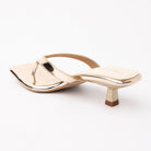 Gold toe-post kitten heel mules for women, back view showing the heel