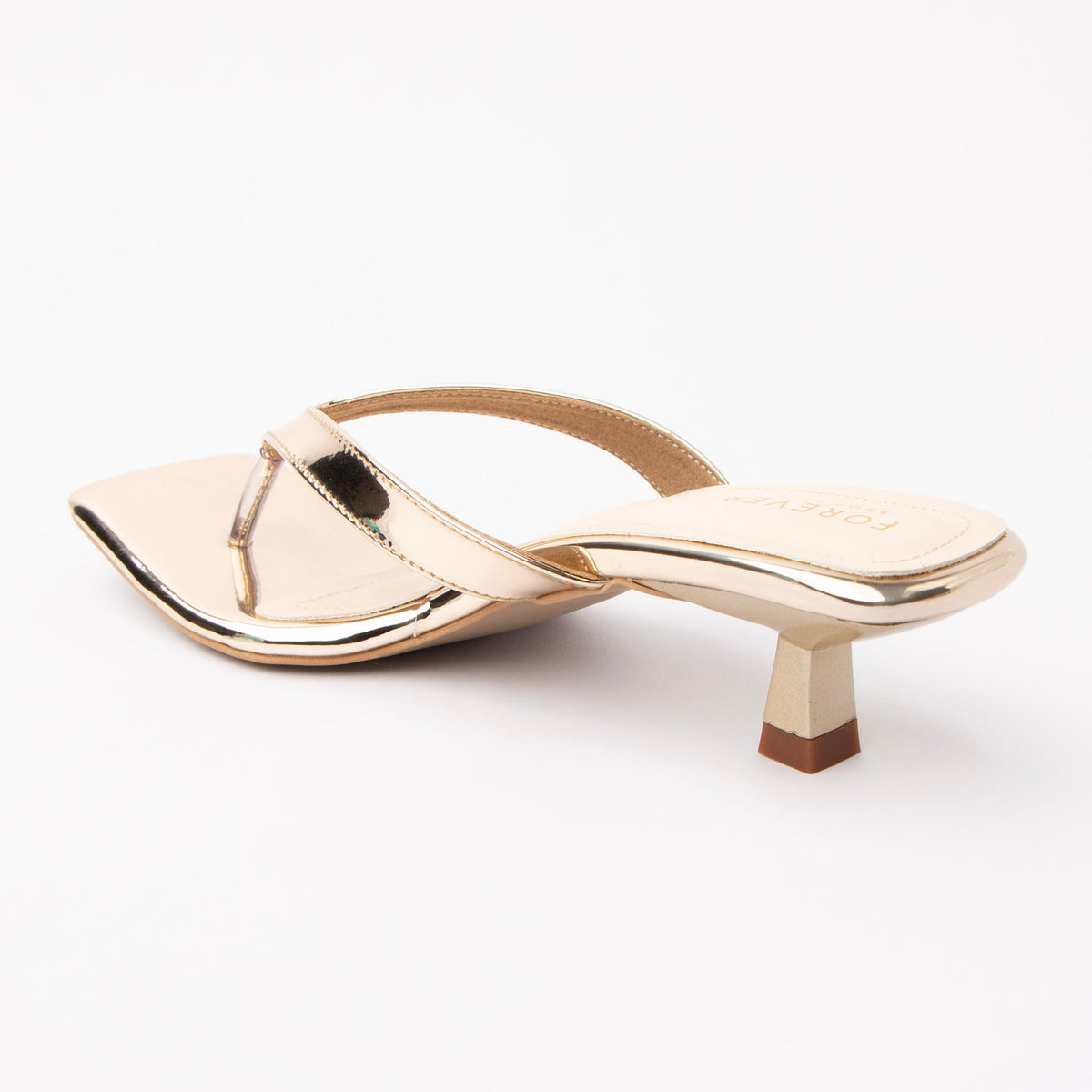 Gold toe-post kitten heel mules for women, back view showing the heel