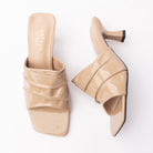 Khaki patent mules for women with a cushioned footbed