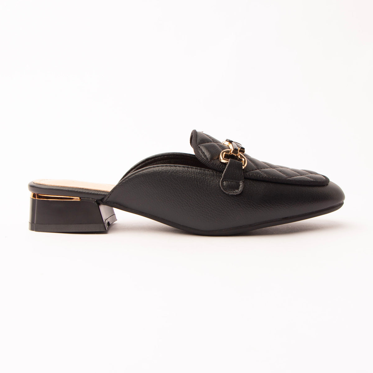 Black quilted loafer mules for women, a matte black loafer mule with a diamond-quilted apron over the vamp, a slim keeper strap carrying a polished gold snaffle bar, and a low block heel wrapped with a gold plate above a cream-nude footbed