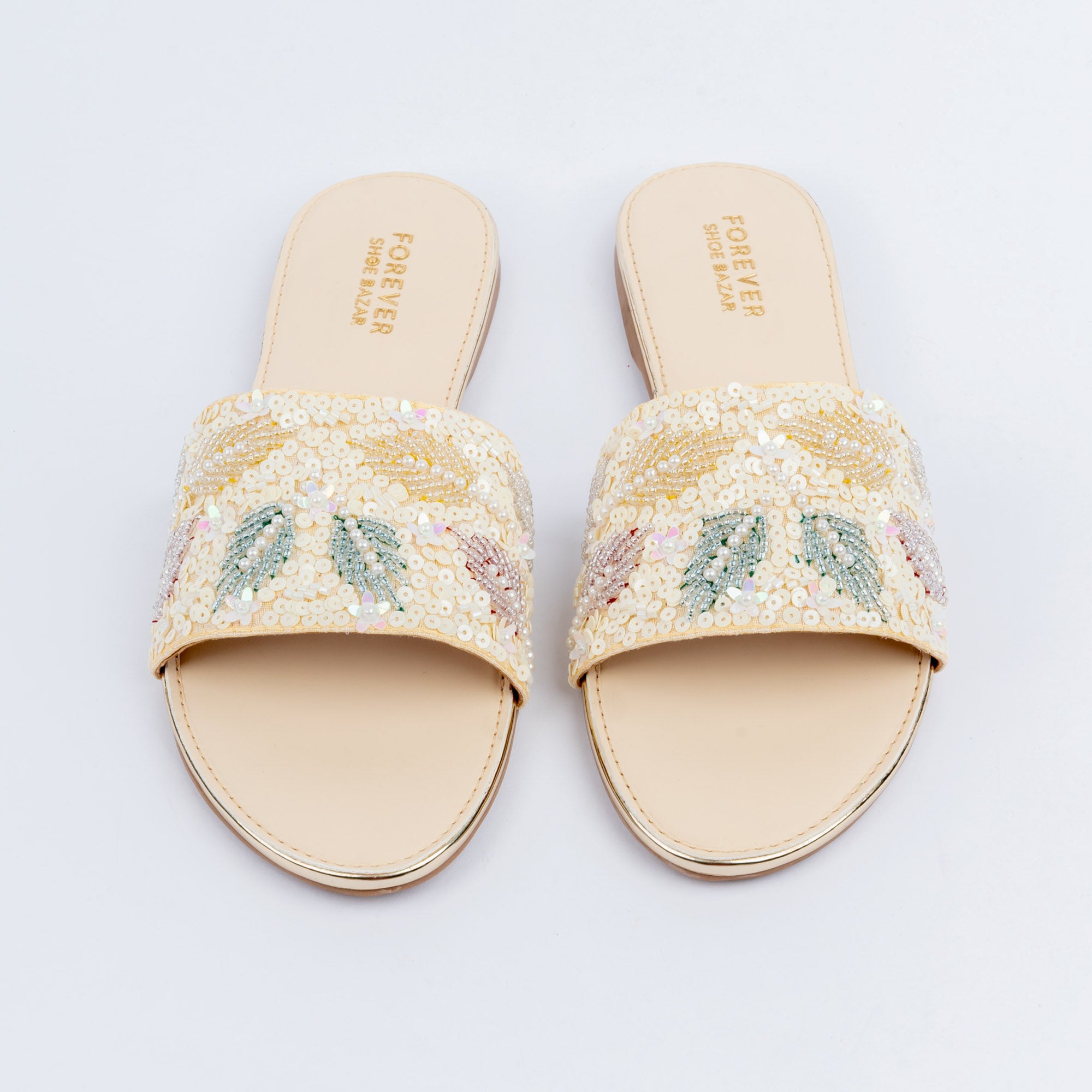 Cream sequin ballet flats for women, delicate sequin and beadwork