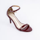 Maroon stiletto heel sandals styled for casual wear