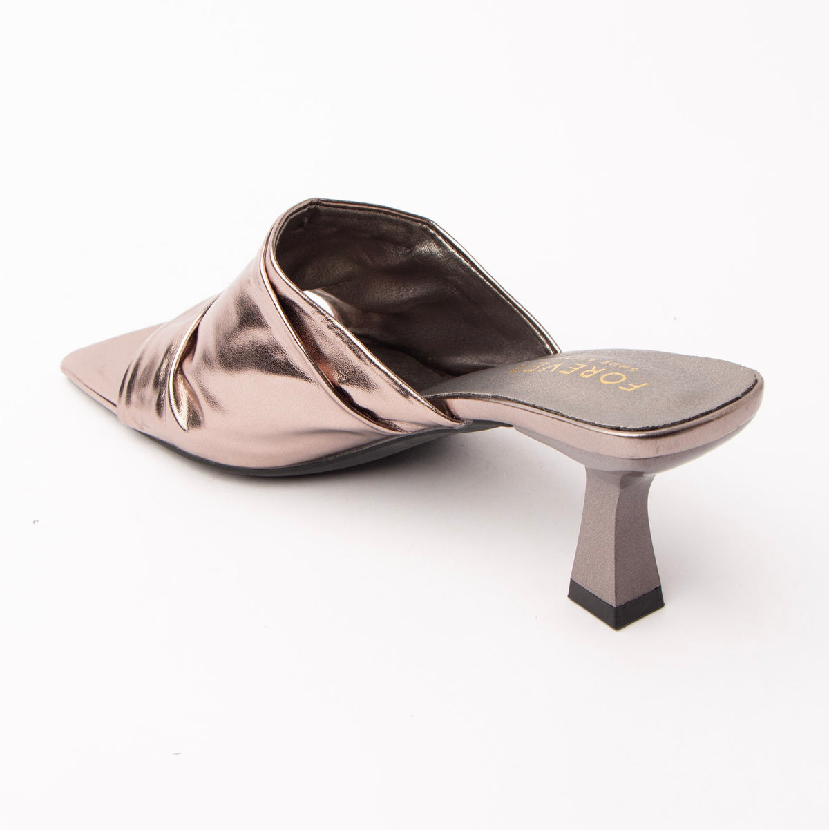 Grey metallic mules for women, back view showing the heel