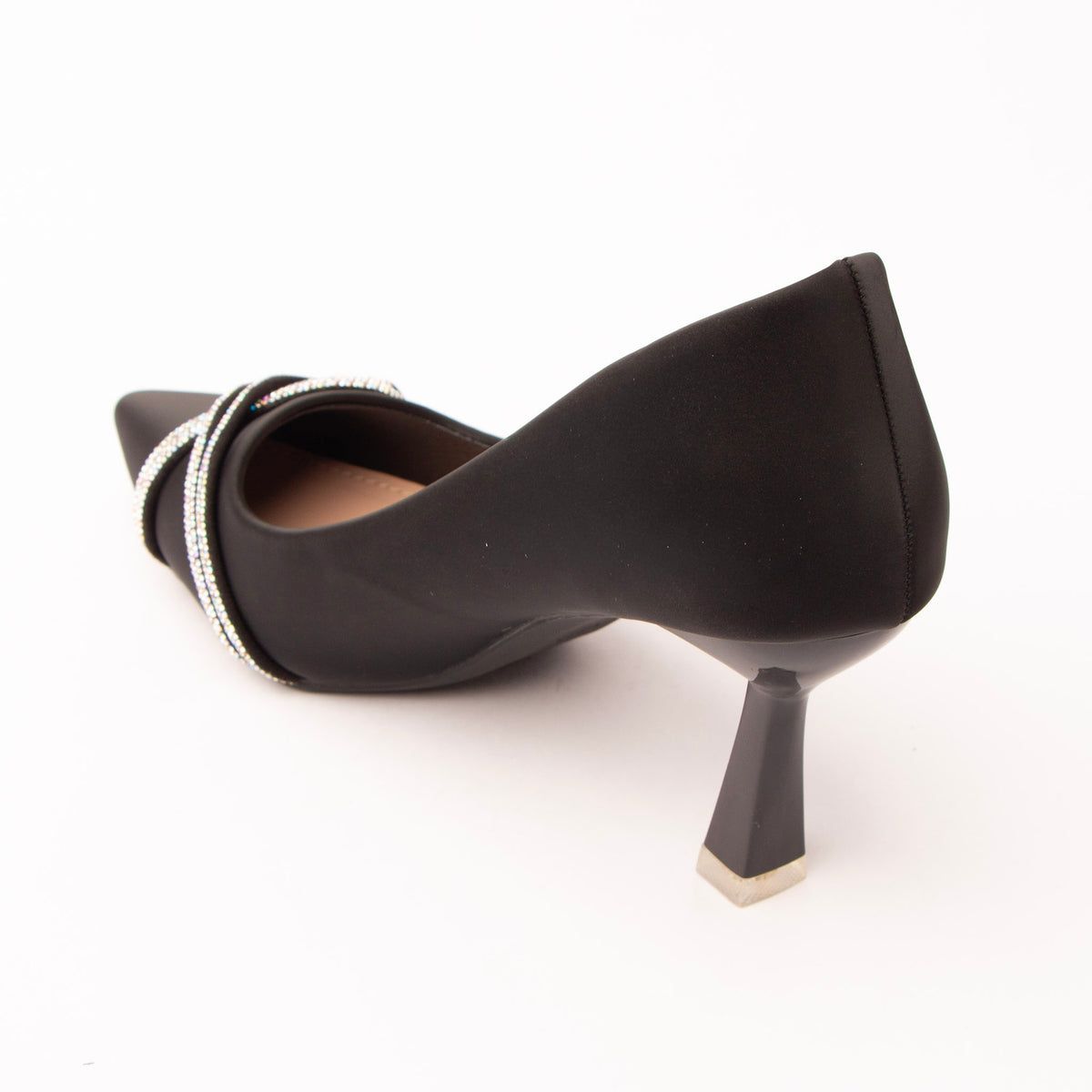 Black crystal court shoes for women with cushioned footbed, side view