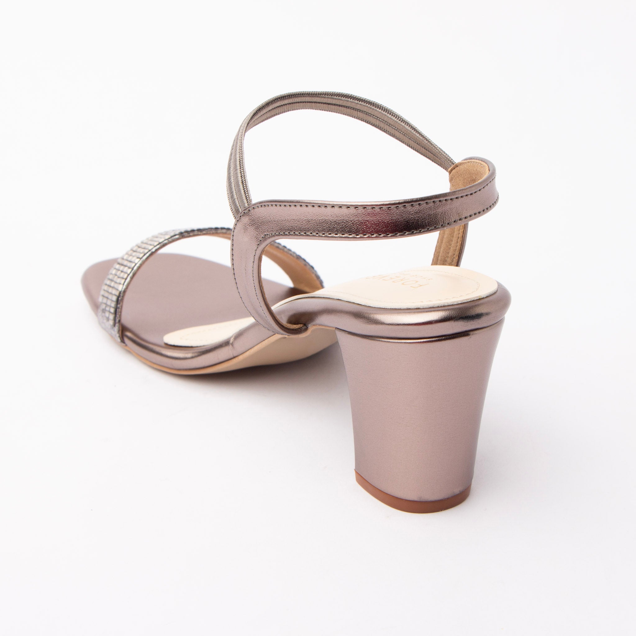 Grey embellished block heel sandals for women with cushioned footbed, side view