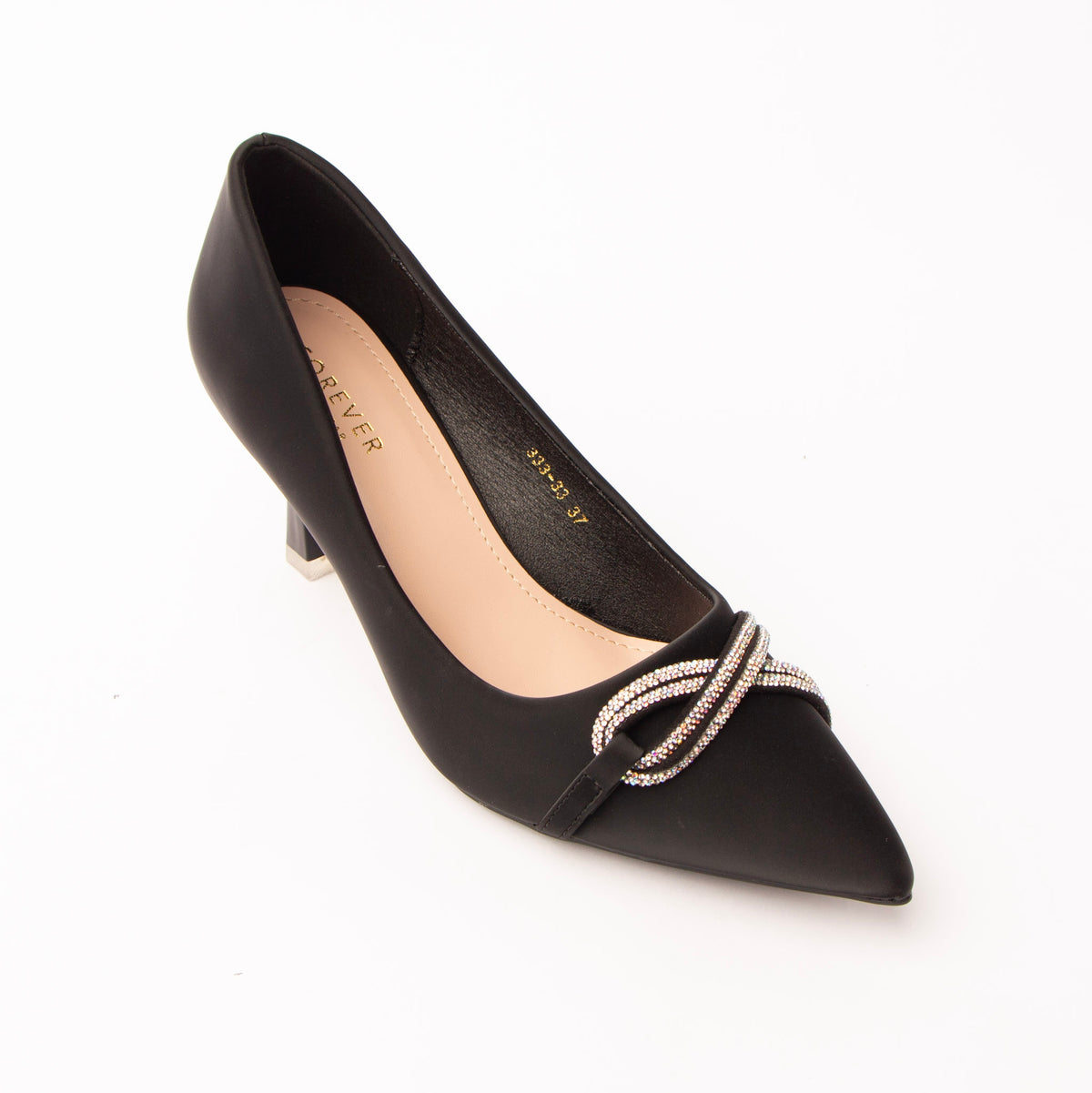 Black crystal court shoes styled for party wear