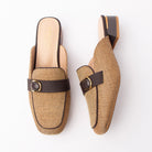 Brown woven loafer mules for women with a cushioned footbed