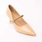 Beige mary jane pumps styled for casual wear