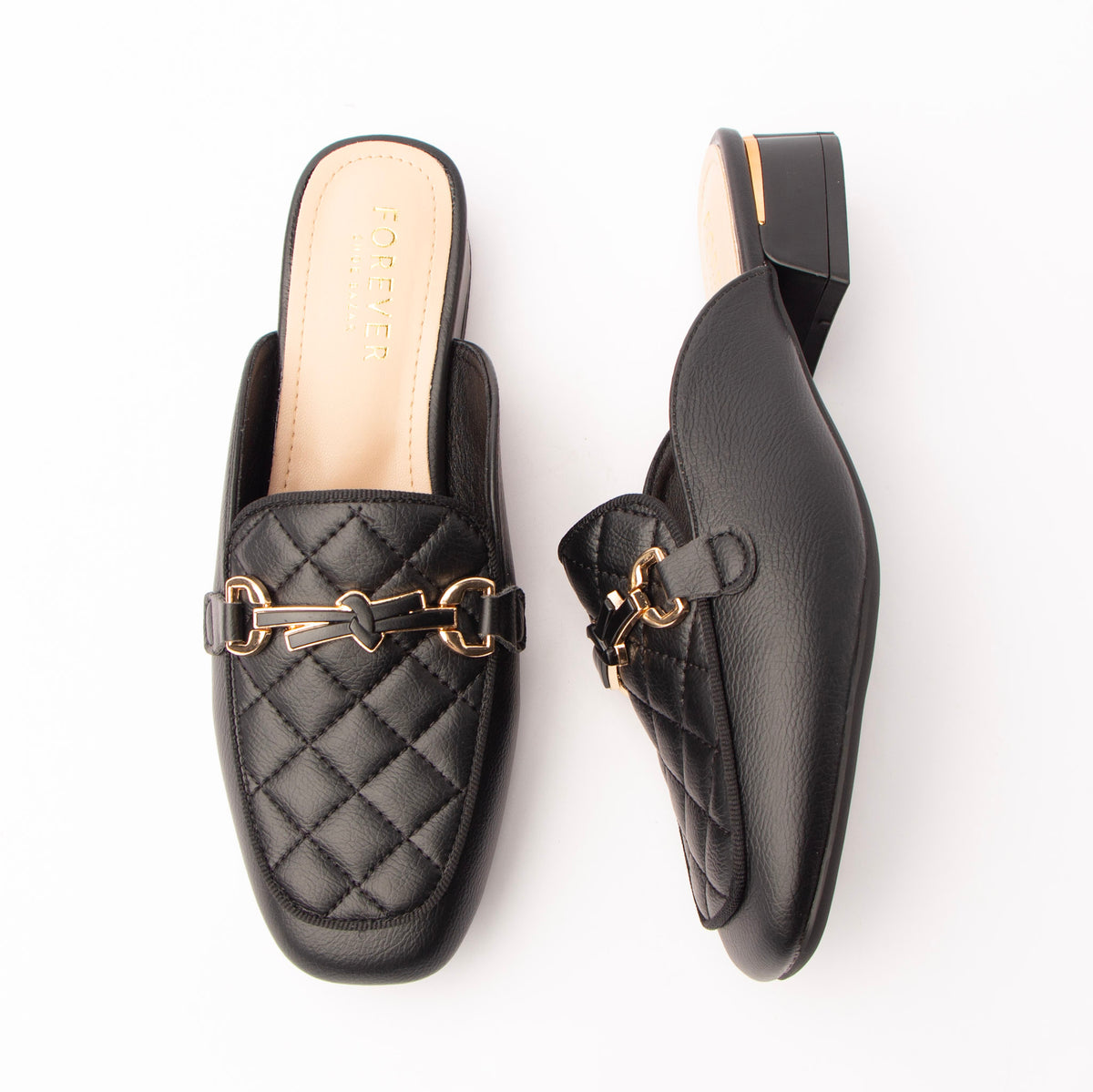 Black quilted loafer mules for women with a cushioned footbed
