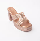 Champagne beaded platform mules styled for party wear