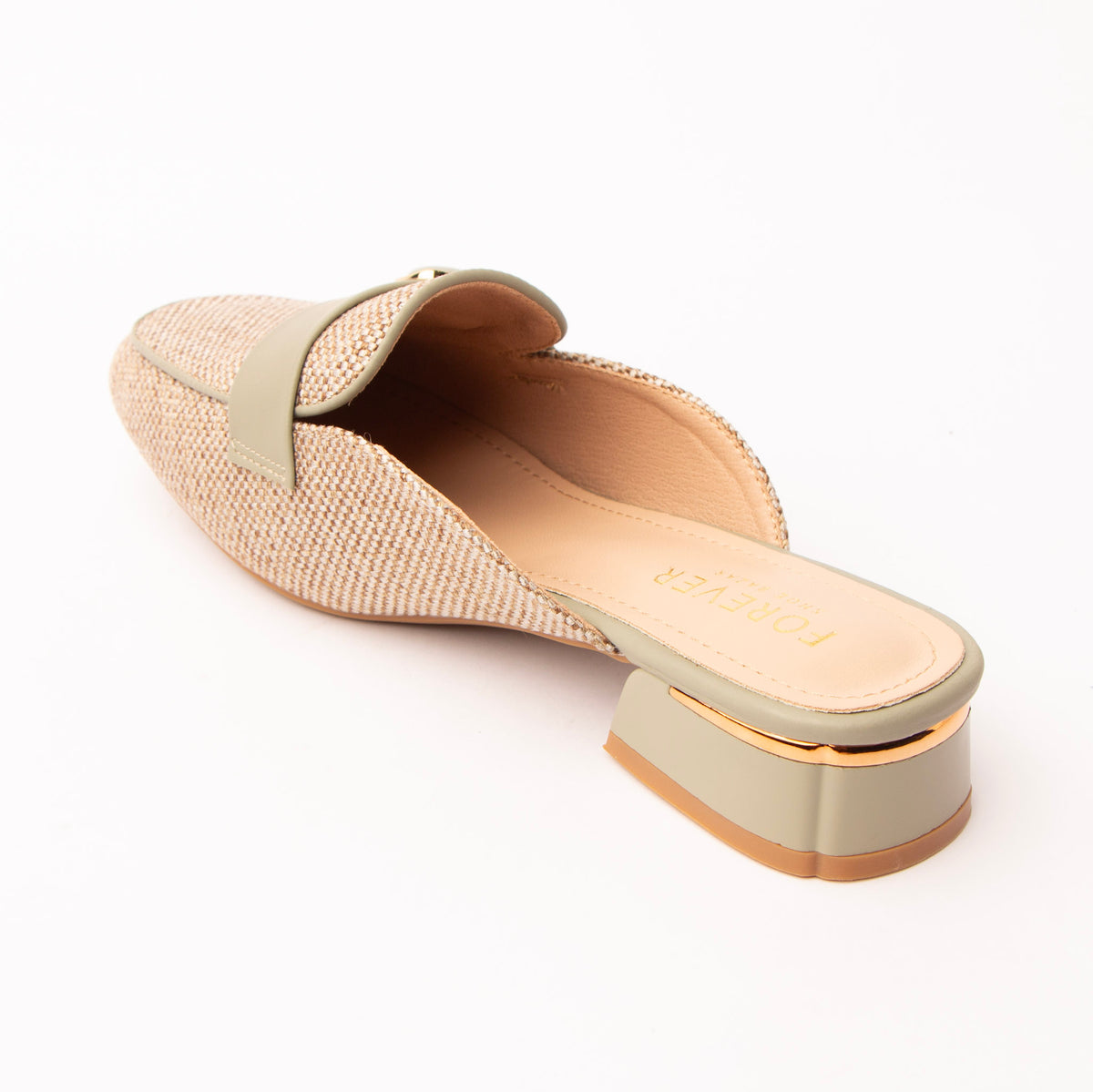 Green woven loafer mules for women, back view showing the heel