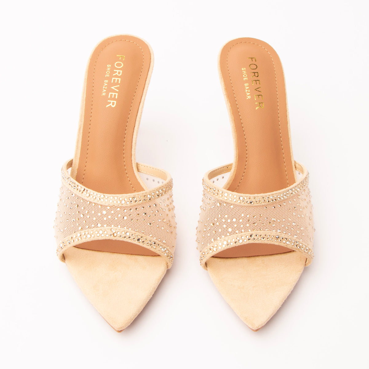 Beige mules for women, both shoes from the front