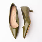 Green pointed court shoes for women with a cushioned footbed