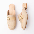 Beige woven loafer mules for women with a cushioned footbed