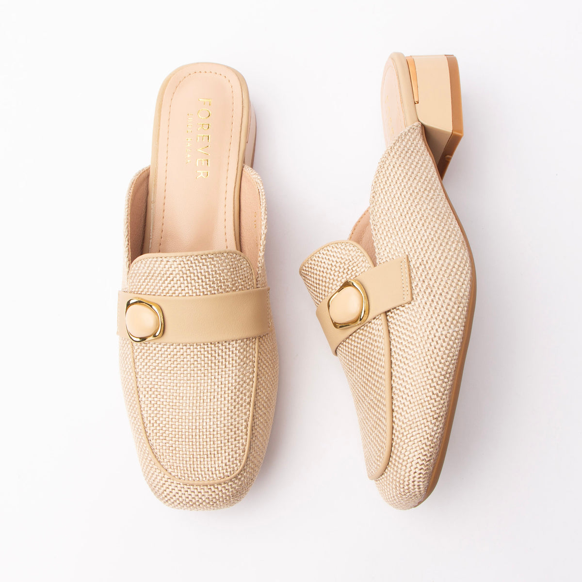 Beige woven loafer mules for women with a cushioned footbed